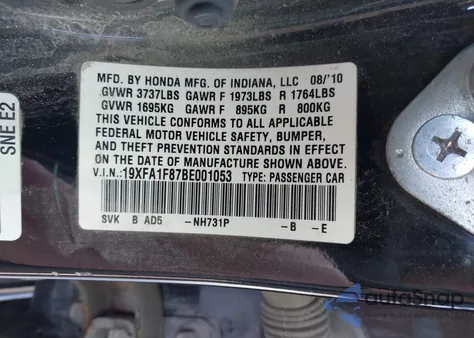 2011 Honda Civic Ex from USA, damaged, VIN 19XFA1F87BE001053
